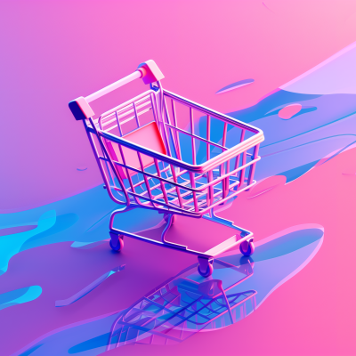 3D illustration of an empty shopping cart on a vibrant pink and blue gradient background.