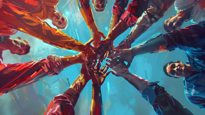 A vibrant, low-angle shot of a group of people's hands joined together in the center, symbolizing teamwork and unity.