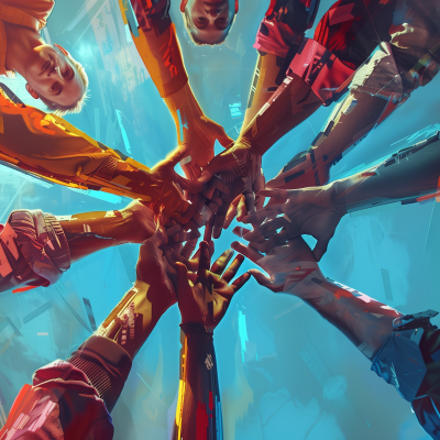 A vibrant, low-angle shot of a group of people's hands joined together in the center, symbolizing teamwork and unity.