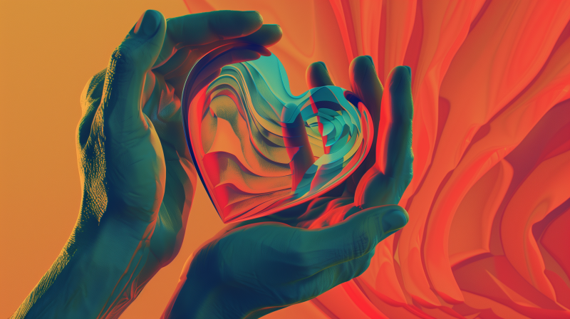 A pair of hands cupping a stylized, colorful heart with abstract wavy patterns, set against a warm-toned backdrop.