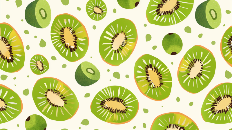 A vibrant pattern featuring illustrated kiwi fruits, both whole and sliced, with a scattering of kiwi seeds on a light background.