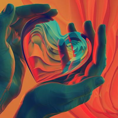 A pair of hands cupping a stylized, colorful heart with abstract wavy patterns, set against a warm-toned backdrop.