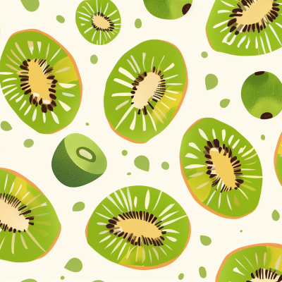 A vibrant pattern featuring illustrated kiwi fruits, both whole and sliced, with a scattering of kiwi seeds on a light background.