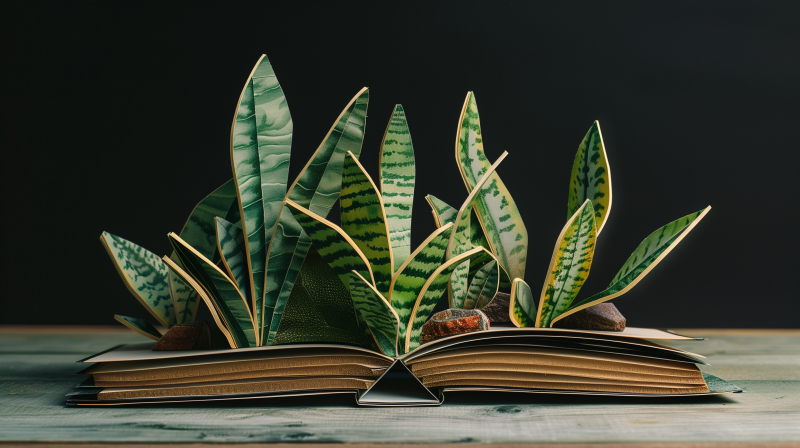 A collection of snake plant leaves growing out of an open book on a wooden surface against a dark background.