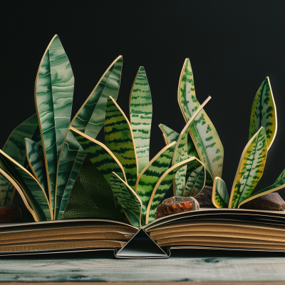 A collection of snake plant leaves growing out of an open book on a wooden surface against a dark background.