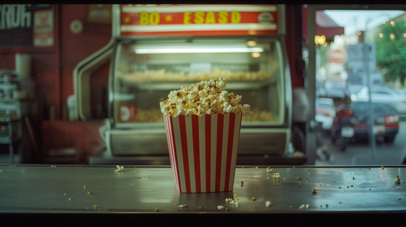 A striped popcorn box filled with popcorn is on a counter with scattered kernels around it, with a popcorn machine in the background.