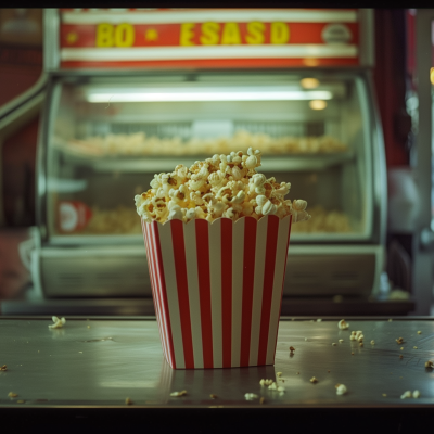 A striped popcorn box filled with popcorn is on a counter with scattered kernels around it, with a popcorn machine in the background.