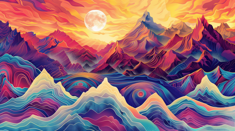 A vibrant artistic depiction of mountains under a sunset sky with a full moon rising above.