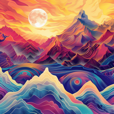 A vibrant artistic depiction of mountains under a sunset sky with a full moon rising above.