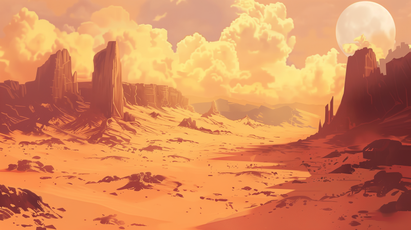 Illustration of a vast desert landscape with orange sand, rocky formations, and clouds in a hazy orange sky.