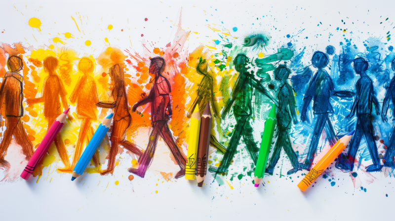 Artistic representation of teamwork concept with colorful silhouettes of people walking together, drawn amidst splashes of vibrant paint and crayons.