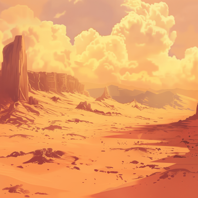 Illustration of a vast desert landscape with orange sand, rocky formations, and clouds in a hazy orange sky.