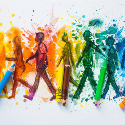 Artistic representation of teamwork concept with colorful silhouettes of people walking together, drawn amidst splashes of vibrant paint and crayons.