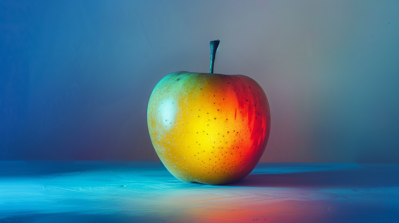 An apple with a gradient color transition illuminated under colored lighting.