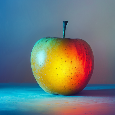 An apple with a gradient color transition illuminated under colored lighting.