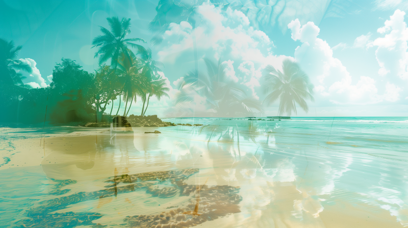 A serene tropical beach scene with palm trees, blue skies, and calm waters reflecting the scenery.