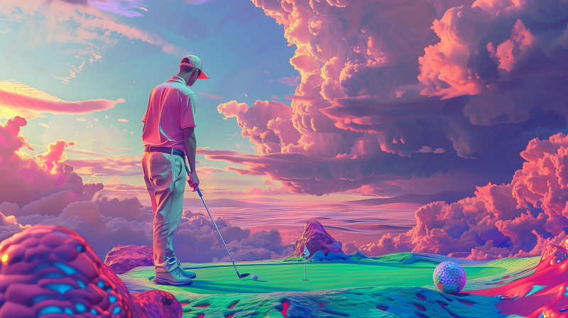 A golfer poised to hit a ball on a colorful, surreal golf course with a vibrant sunset sky in the background.