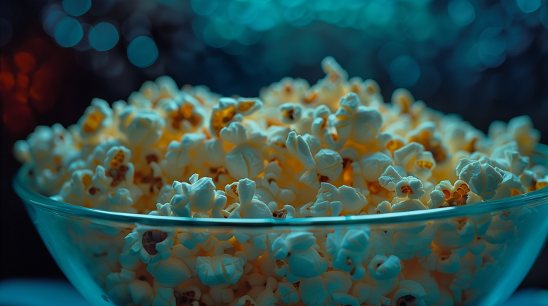 A close-up of a bowl of freshly popped popcorn with a bokeh background.