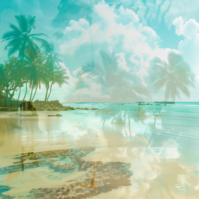 A serene tropical beach scene with palm trees, blue skies, and calm waters reflecting the scenery.