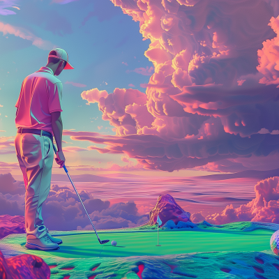 A golfer poised to hit a ball on a colorful, surreal golf course with a vibrant sunset sky in the background.