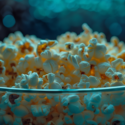 A close-up of a bowl of freshly popped popcorn with a bokeh background.