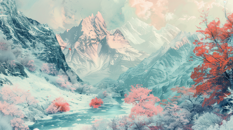 An artistic depiction of a mountainous landscape with snow-capped peaks, a tranquil river, and trees with pink foliage.