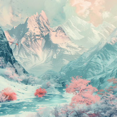 An artistic depiction of a mountainous landscape with snow-capped peaks, a tranquil river, and trees with pink foliage.