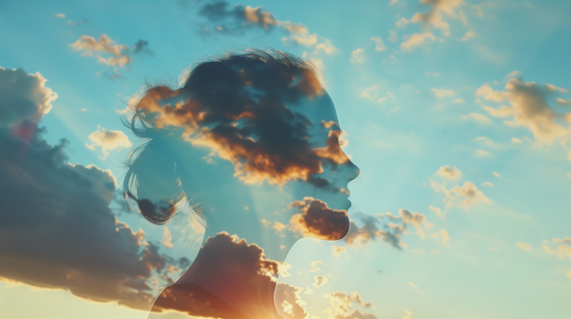 Silhouette of a person's profile against a backdrop of a sky with clouds, evoking a sense of idea and inspiration.