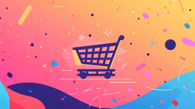 An illustrated image of an empty shopping cart with a whimsical and colorful abstract background.