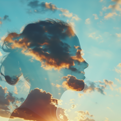 Silhouette of a person's profile against a backdrop of a sky with clouds, evoking a sense of idea and inspiration.