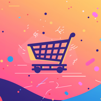 An illustrated image of an empty shopping cart with a whimsical and colorful abstract background.