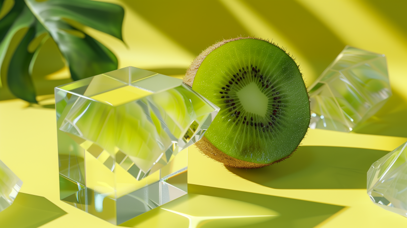 Half of a kiwi fruit with water droplets on top alongside a transparent crystal, with a backdrop of yellow tones and green leaves.