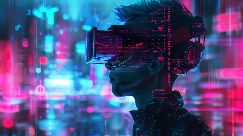 A woman wearing a virtual reality headset, immersed in a neon-lit, sci-fi environment with digital overlays.