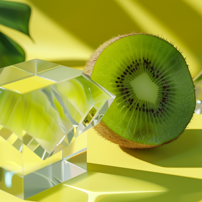 Half of a kiwi fruit with water droplets on top alongside a transparent crystal, with a backdrop of yellow tones and green leaves.