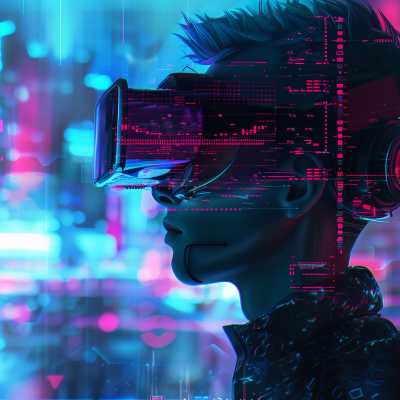 A woman wearing a virtual reality headset, immersed in a neon-lit, sci-fi environment with digital overlays.