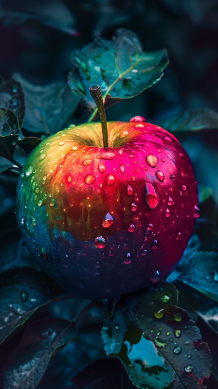 A vibrant, multicolored apple with water droplets on its surface, nestled among leaves.