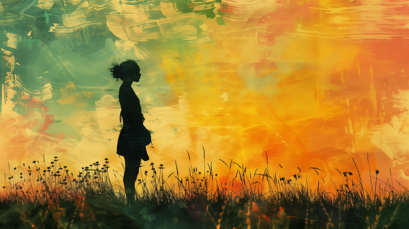 Artistic depiction of a woman's silhouette in a field against a vibrant, abstract, orange and green textured background.