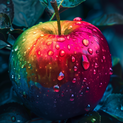 A vibrant, multicolored apple with water droplets on its surface, nestled among leaves.