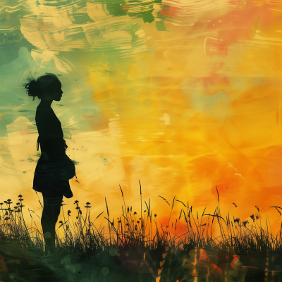 Artistic depiction of a woman's silhouette in a field against a vibrant, abstract, orange and green textured background.