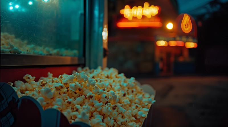 A close-up of a box of popcorn with a neon sign glowing in the soft-focus background.