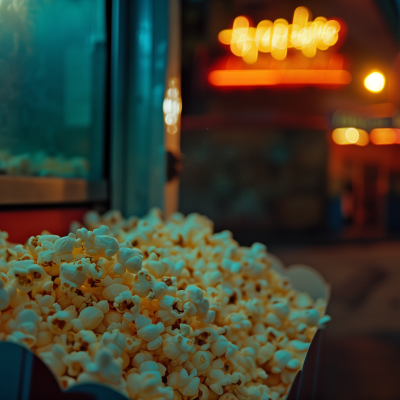 A close-up of a box of popcorn with a neon sign glowing in the soft-focus background.