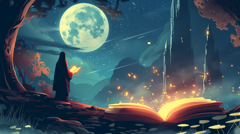 A cloaked figure stands before a large, open glowing book under a night sky illuminated by a full moon, with shooting stars overhead, evoking a magical fantasy landscape.