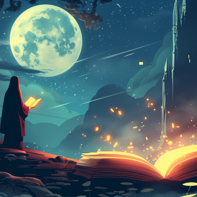 A cloaked figure stands before a large, open glowing book under a night sky illuminated by a full moon, with shooting stars overhead, evoking a magical fantasy landscape.