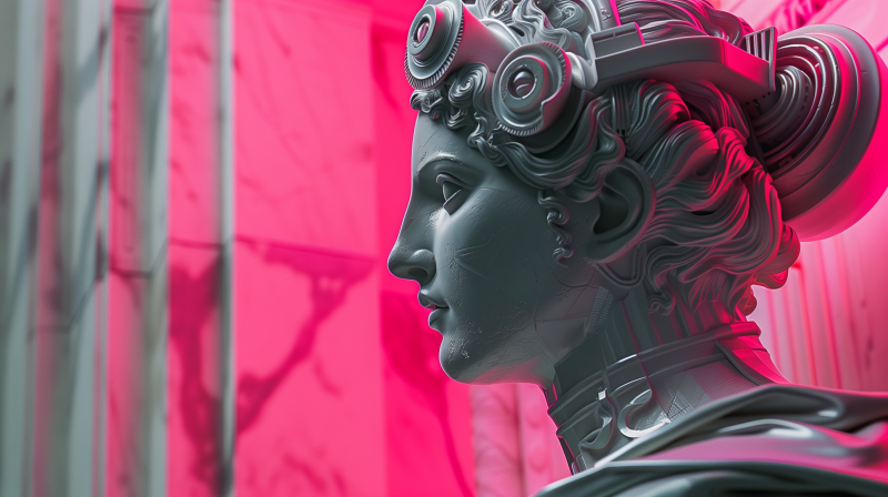 A modern aesthetic depiction of a classical statue with robotic elements, set against a vibrant pink background.