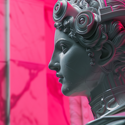 A modern aesthetic depiction of a classical statue with robotic elements, set against a vibrant pink background.