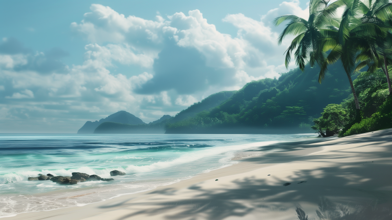 A serene tropical beach scene with gentle waves lapping onto the sandy shore, lush greenery on a mountainous landscape in the background, and a clear sky with fluffy clouds overhead.