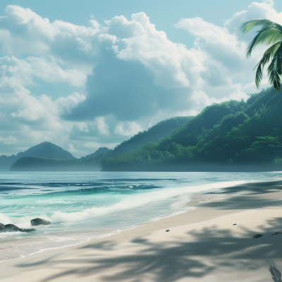 A serene tropical beach scene with gentle waves lapping onto the sandy shore, lush greenery on a mountainous landscape in the background, and a clear sky with fluffy clouds overhead.