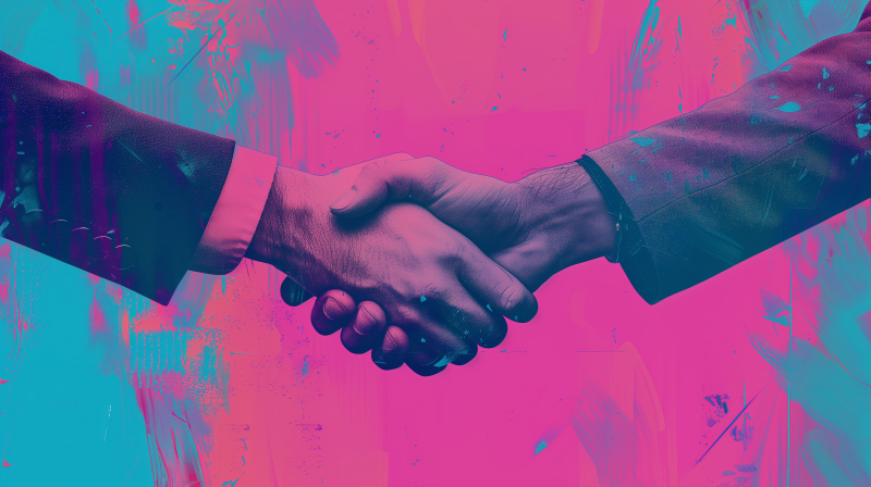 A close-up image of two people in business attire performing a handshake against a stylized pink and blue background.