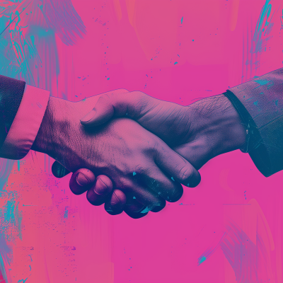 A close-up image of two people in business attire performing a handshake against a stylized pink and blue background.