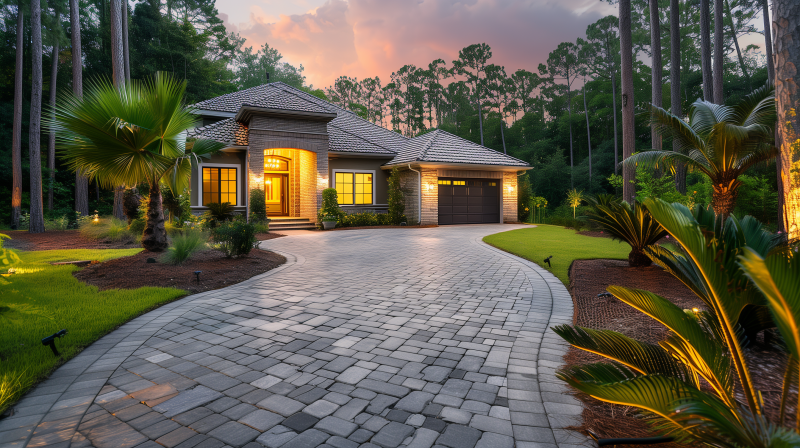 A luxurious house with illuminated windows at dusk, featuring a curving driveway paved with neatly arranged pavers, surrounded by well-maintained landscaping and trees.